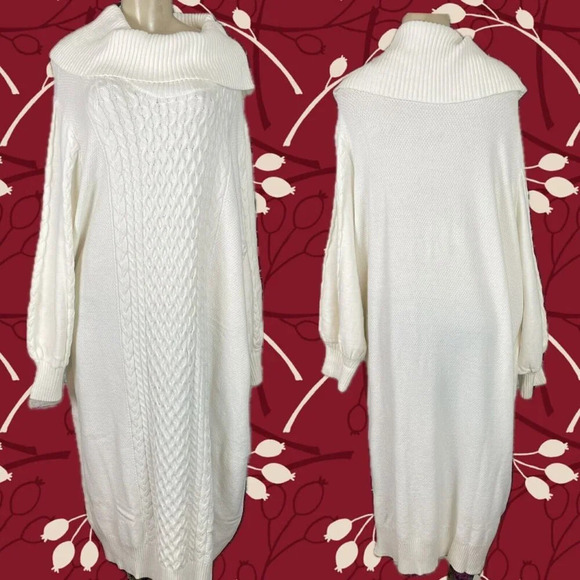 Roaman's +30/32 Eggshell Textured Detail Cowl Neckline Long Sleeve Sweater Dress - Picture 1 of 6